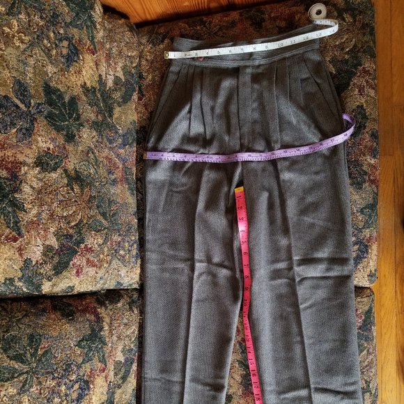 Vintage 90s, gray, flecked green/gray & brown stripes, pleated dress pants, M - Picture 6 of 7